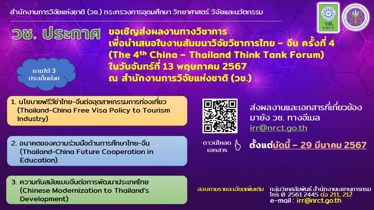  วช.ขอเชิญส่งผลงานทางวิชาการเพื่อนำเสนอในงานสัมมนาวิจัยวิชาการไทย – จีน ครั้งที่ 4 (The 4th China – Thailand Think Tank Forum)