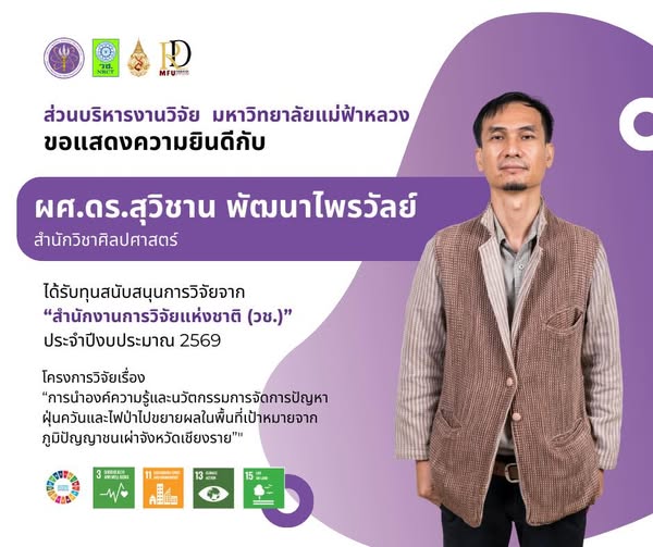 ส่วนบริหารงานวิจัยขอแสดงความยินดีกับ ผู้ช่วยศาสตราจารย์ ดร.สุวิชาน พัฒนาไพรวัลย์ อาจารย์ประจำ สำนักวิชาศิลปศาสตร์ ในโอกาสที่ได้รับ ทุนวิจัยจากสำนักงานการวิจัยแห่งชาติ (วช.) 