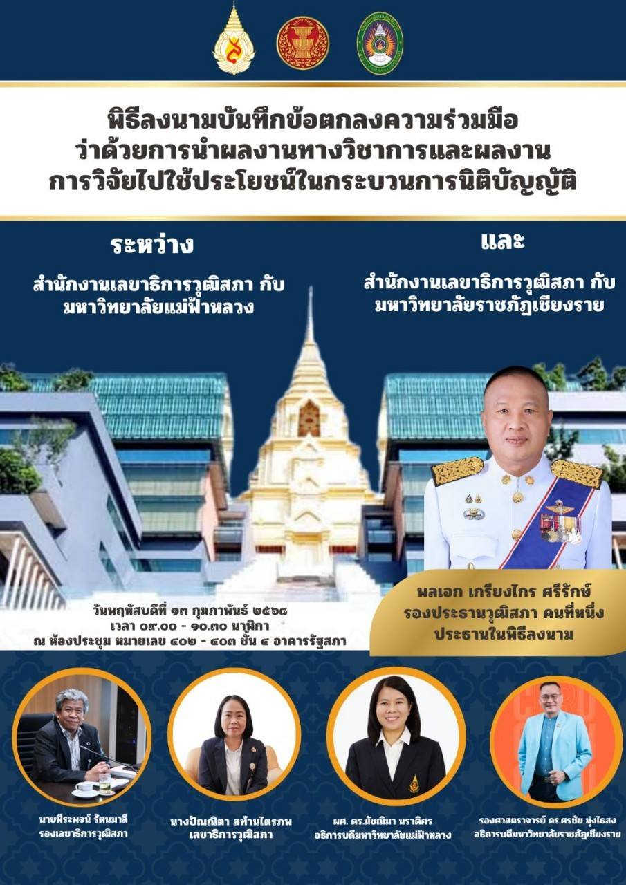 พิธีลงนามบันทึกข้อตกลงความร่วมมือว่าด้วยการนำผลงานทางวิชาการและผลงานการวิจัยไปใช้ประโยชน์ในกระบวนการนิติบัญญัติ ระหว่างสำนักงานเลขาธิการวุฒิสภา กับ มหาวิทยาลัยแม่ฟ้าหลวง และ สำนักงานเลขาธิการวุฒิสภา กับ มหาวิทยาลัยราชภัฏเชียงราย