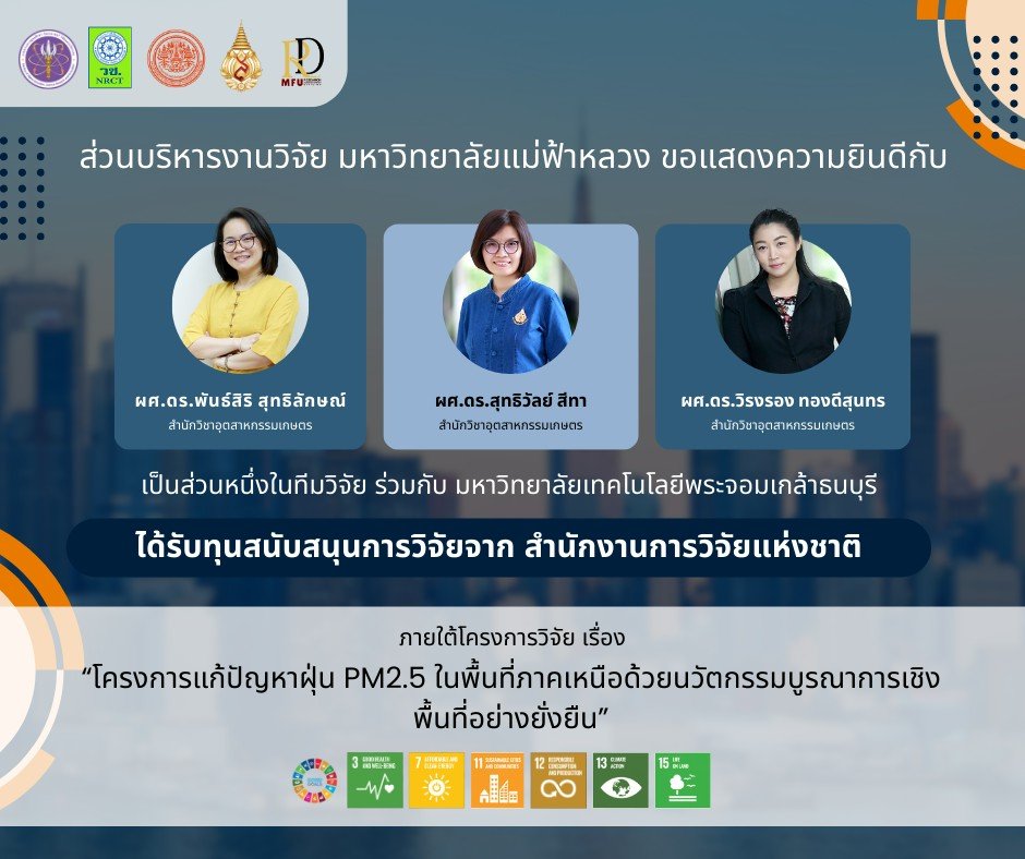  ส่วนบริหารงานวิจัย มฟล. ขอแสดงความยินดี!   กับความสำเร็จของทีมนักวิจัยจากกลุ่มวิจัยเทคโนโลยีหลังการเก็บเกี่ยว และศูนย์วิจัยนวัตกรรมบรรจุภัณฑ์อาหารและวัสดุชีวภาพ สำนักวิชาอุตสาหกรรมเกษตร มหาวิทยาลัยแม่ฟ้าหลวง