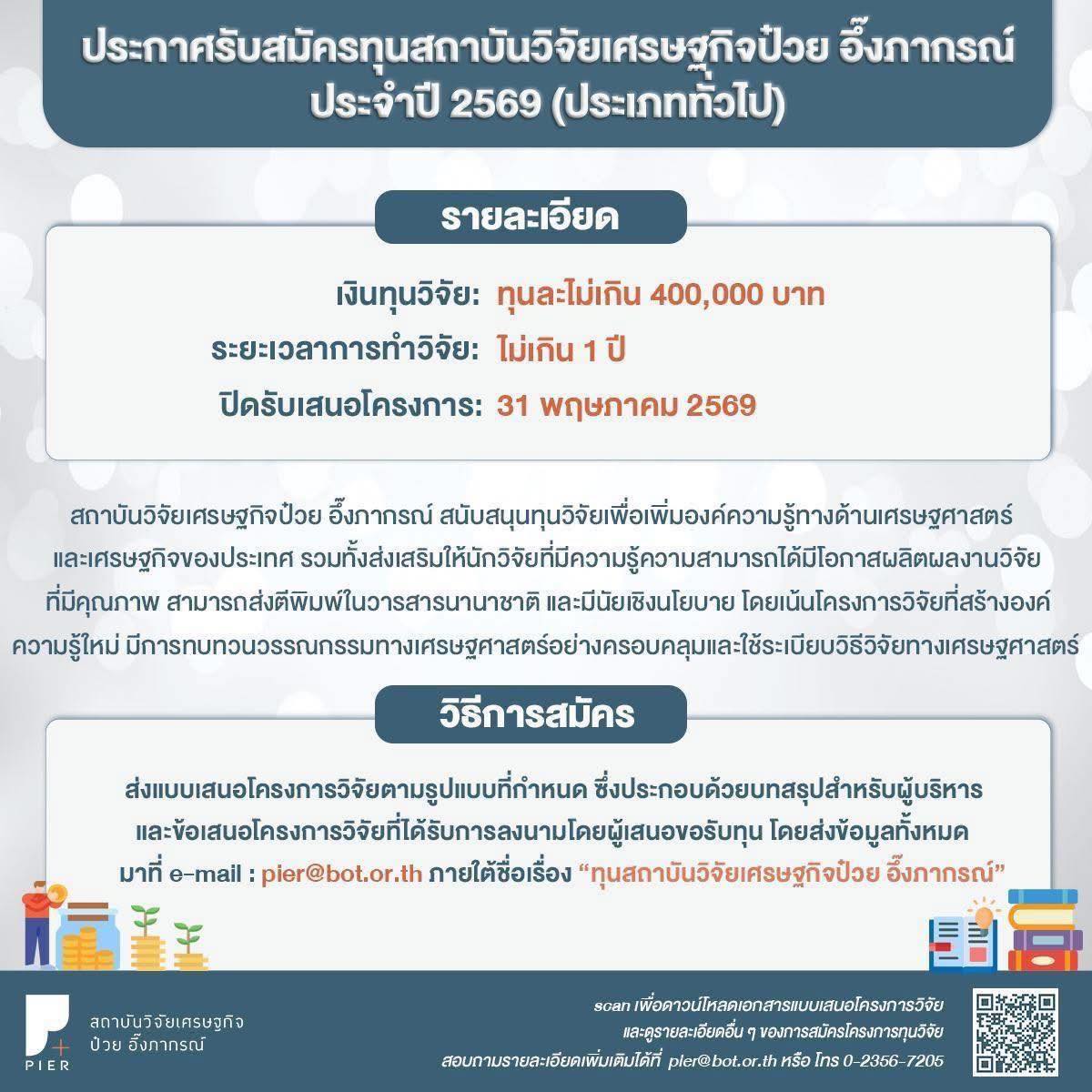ประกาศรับสมัครทุนสถาบันวิจัยเศรษฐกิจป๋วย อึ๊งภากรณ์ประจำปี 2569 (ประเภททั่วไป)