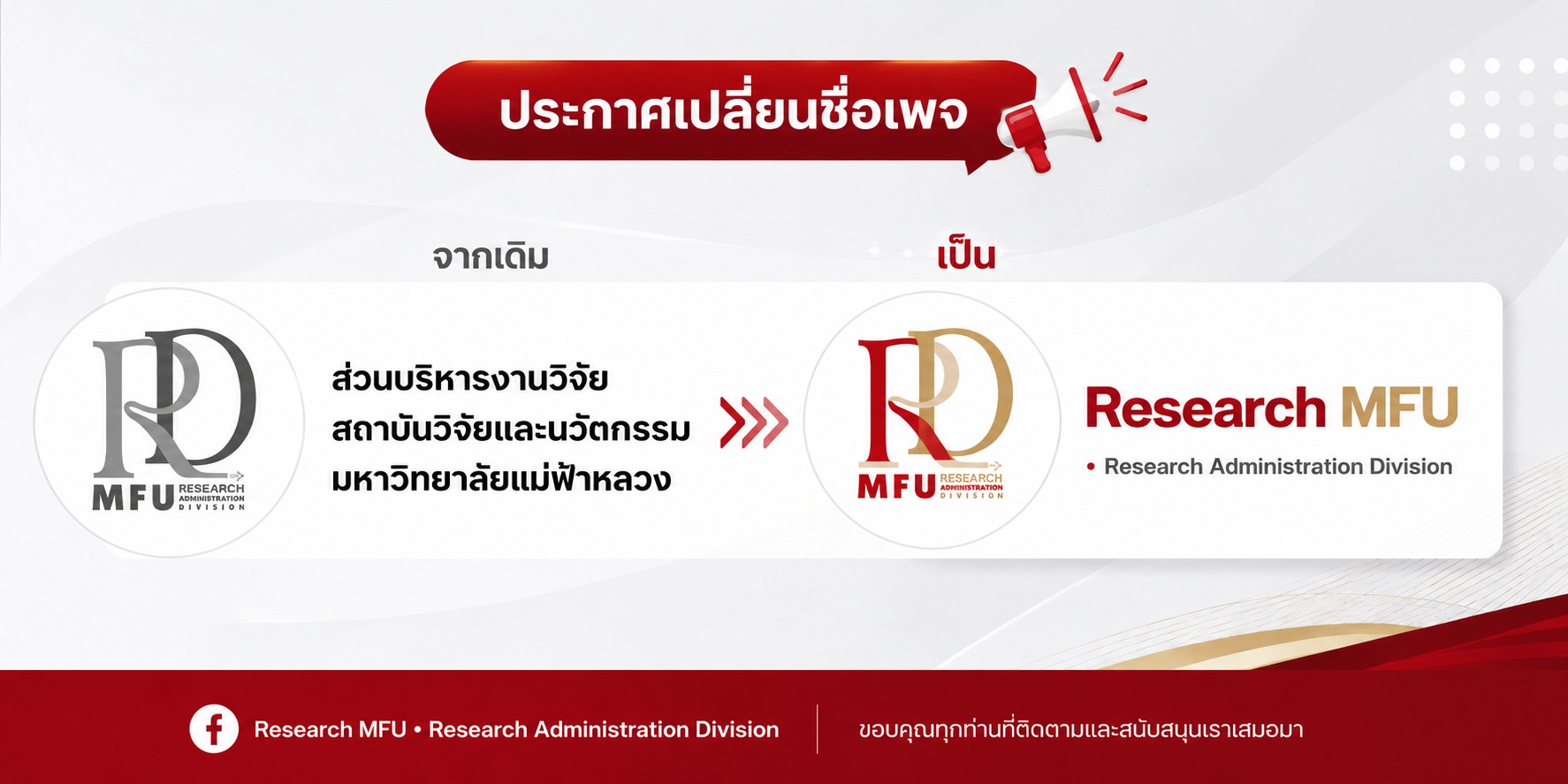 ส่วนบริหารงานวิจัย มหาวิทยาลัยแม่ฟ้าหลวง  ขอแจ้งให้ทุกท่านทราบว่า เพจ Facebook เดิม  “ส่วนบริหารงานวิจัย สถาบันวิจัยและนวัตกรรม มหาวิทยาลัยแม่ฟ้าหลวง”  ได้เปลี่ยนชื่อใหม่อย่างเป็นทางการเป็น   “Research MFU • Research Administration Division”