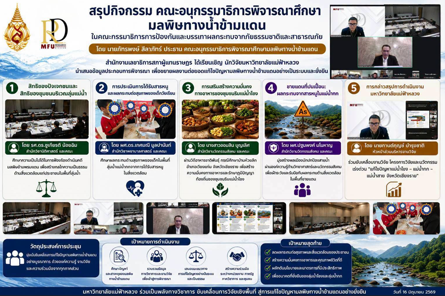 มหาวิทยาลัยแม่ฟ้าหลวง ร่วมนำเสนอผลงานวิจัยต่อคณะอนุกรรมาธิการฯ ขับเคลื่อนการแก้ไขปัญหามลพิษทางน้ำข้ามแดนอย่างยั่งยืน