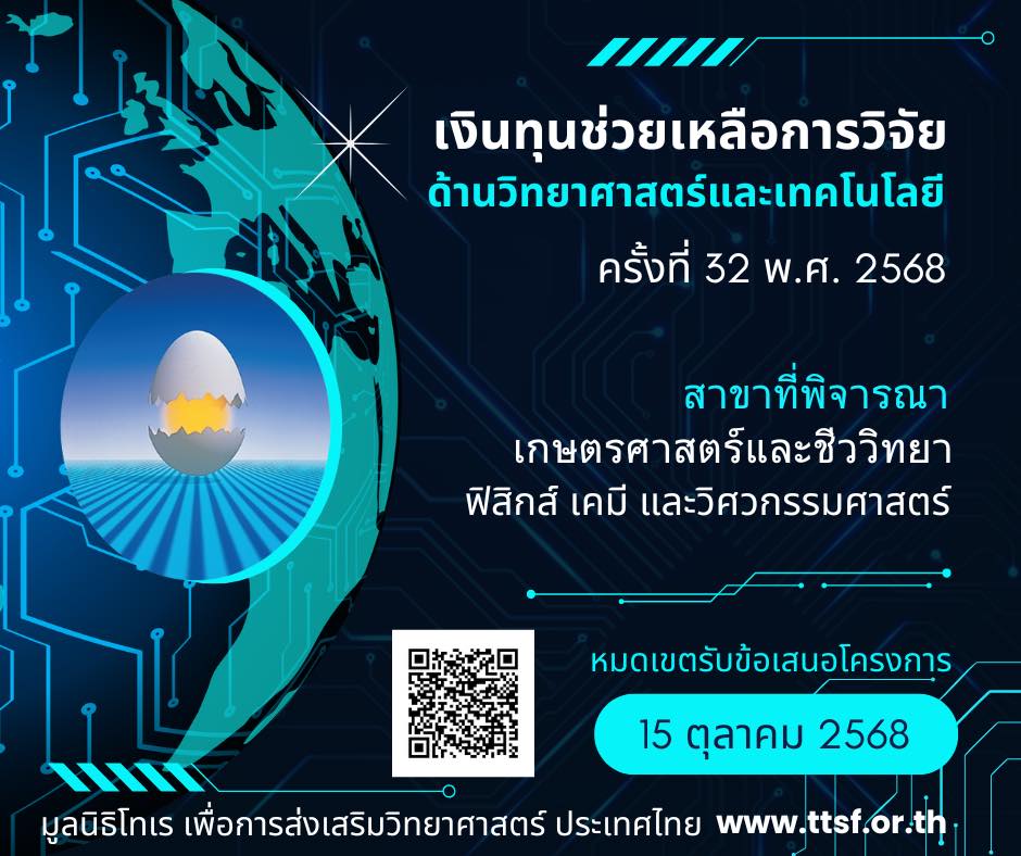  มูลนิธิโทเรเพื่อการส่งเสริมวิทยาศาสตร์ ประเทศไทย เปิดรับสมัคร ทุนวิจัยและรางวัลทางวิทยาศาสตร์และเทคโนโลยี ครั้งที่ 32 ประจำปี พ.ศ. 2568