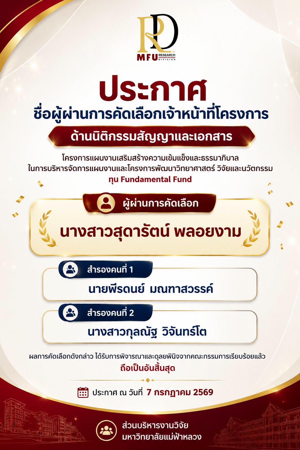 ประกาศผู้ผ่านการคัดเลือกเจ้าหน้าที่โครงการ ด้านนิติกรรมสัญญาและเอกสาร ส่วนบริหารงานวิจัยแม่ฟ้าหลวง