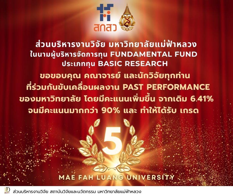มฟล. คว้า Grade 5 ระดับสูงสุดจากผลการประเมิน Past Performance ทุน Fundamental Fund (Basic Research) โดย สกสว.