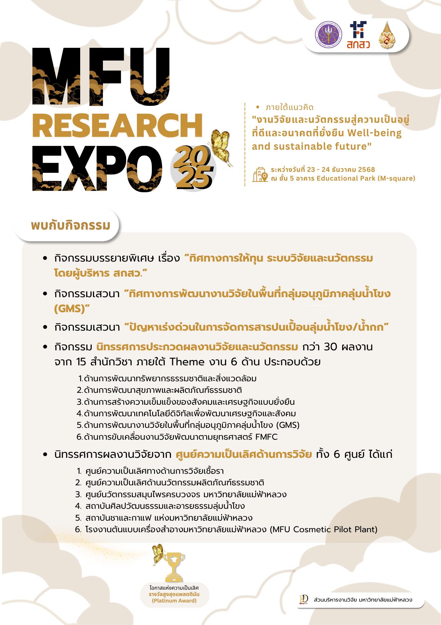  เตรียมพบกับศักยภาพผลงานวิจัยและนวัตกรรมของมหาวิทยาลัยแม่ฟ้าหลวง ในงาน MFU Research Expo 2025