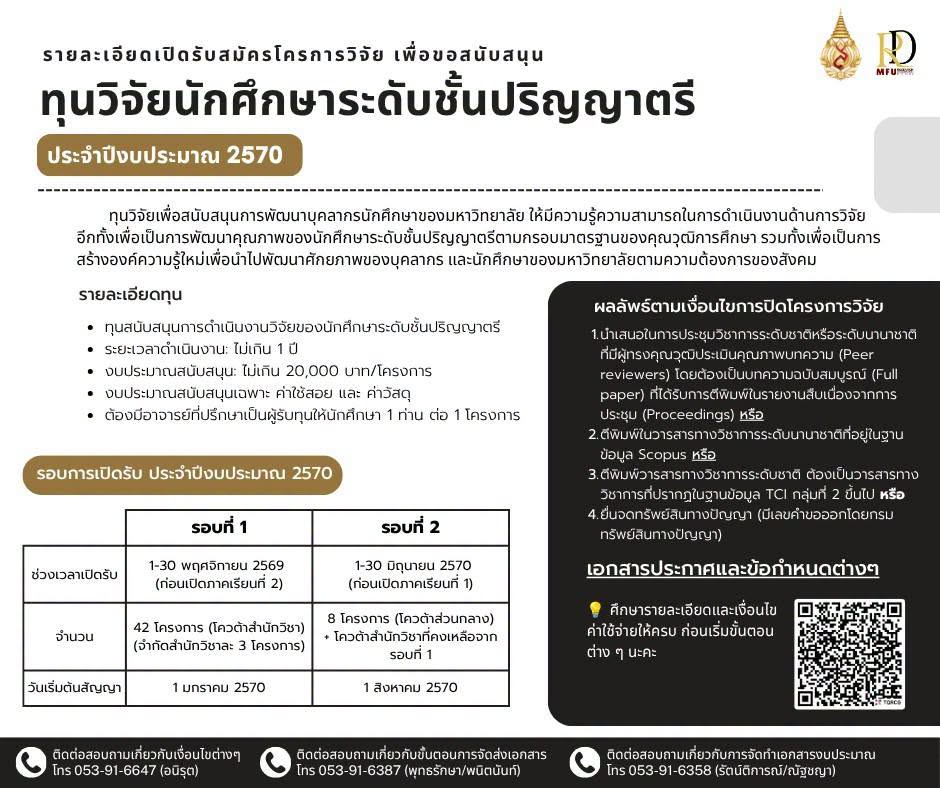 ประชาสัมพันธ์ทุนวิจัยนักศึกษาระดับปริญญาตรี ประจำปีงบประมาณ 2570