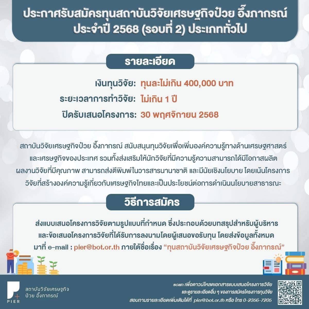 ประกาศรับสมัครทุนวิจัยสถาบันวิจัยเศรษฐกิจป๋วย อึ๊งภากรณ์ ประจำปี 2568 (รอบที่ 2 ประเภททั่วไป)