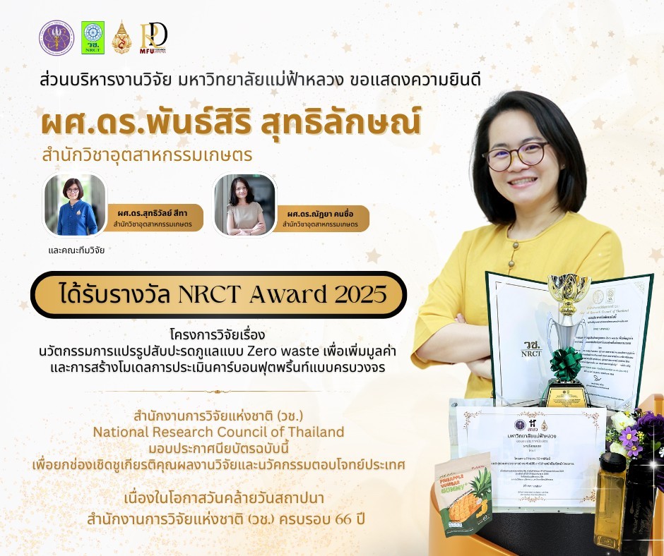  ส่วนบริหารงานวิจัย มหาวิทยาลัยแม่ฟ้าหลวง ขอแสดงความยินดีกับนักวิจัยที่ได้รับโล่รางวัลและประกาศนียบัตร NRCT AWARD