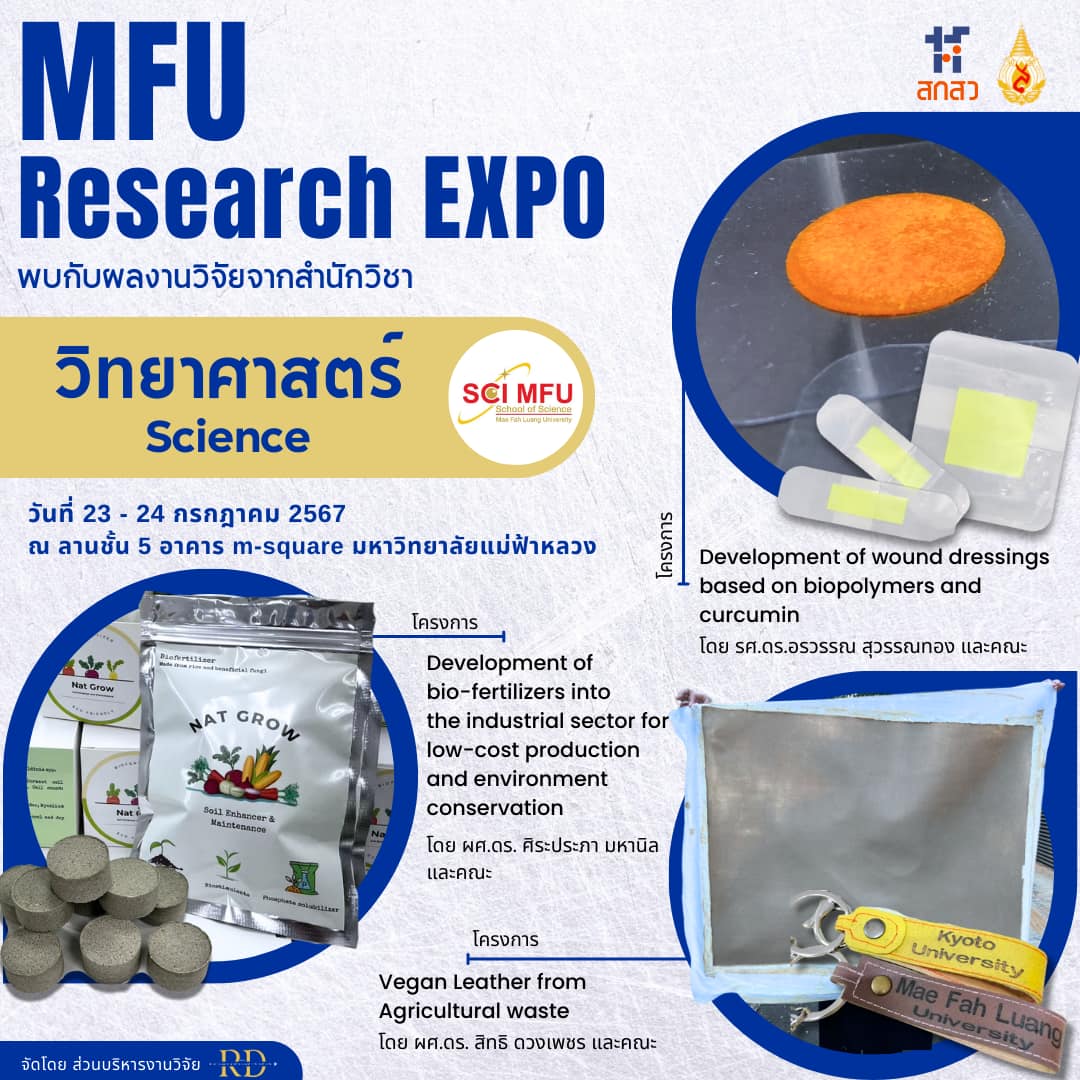 23-24 ก.ค. 67 MFU Research Expo 2024 งานวิจัยและนวัตกรรมของสำนักวิชาวิทยาศาสตร์ มหาวิทยาลัยแม่ฟ้าหลวง กับผลงาน “วิทยาศาสตร์สู่การพัฒนาคุณภาพชีวิตที่ดี” Chapter 4