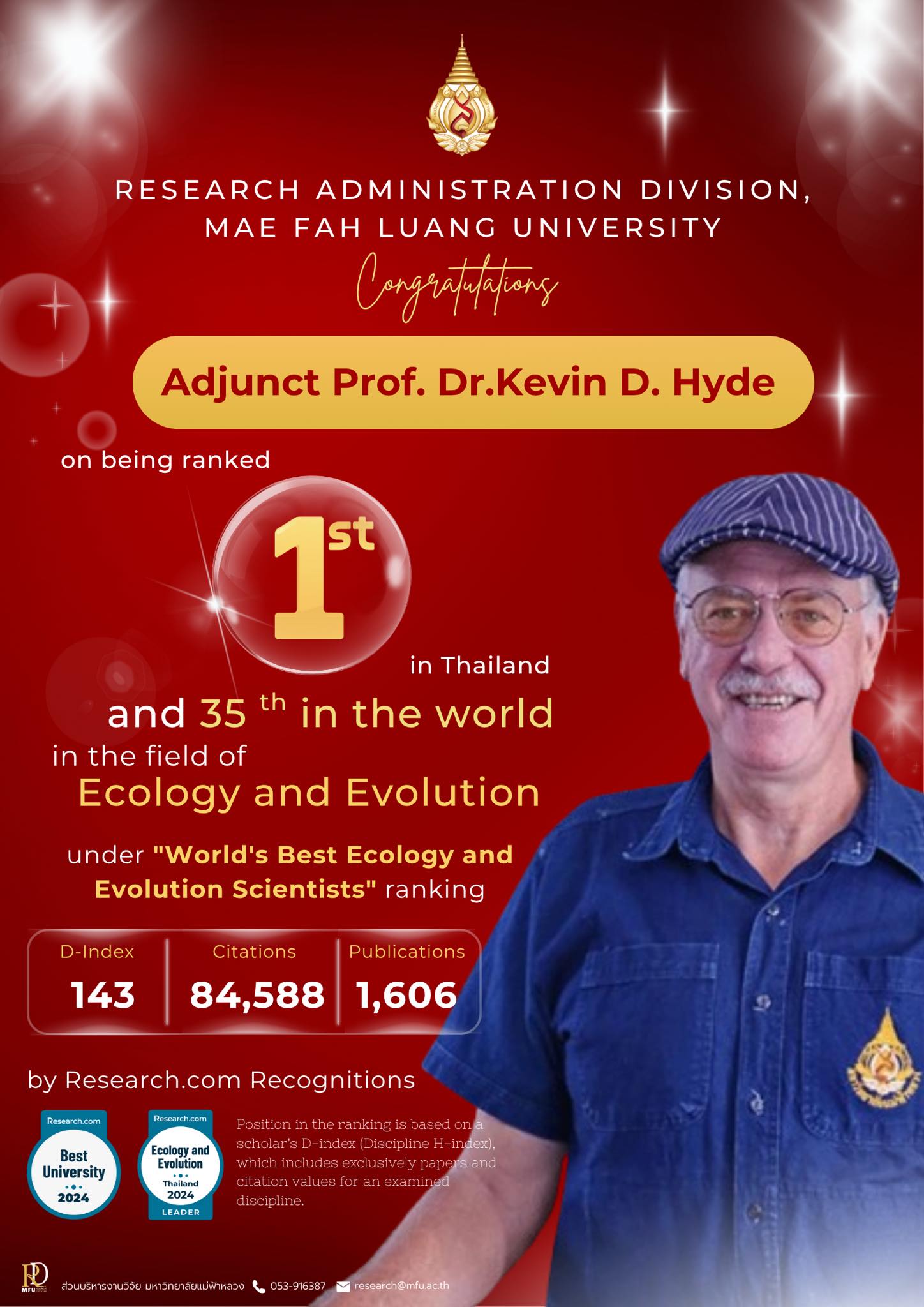 ส่วนบริหารงานวิจัยขอแสดงความยินดีอย่างยิ่ง   แด่ Adjunct Prof. Dr. Kevin D. Hyde ที่ได้รับการจัดอันดับใน World’s Best Ecology and Evolution Scientists 2024