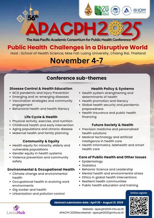 ขอเชิญเข้าร่วมประชุมวิชาการนานาชาติ The 56th Asia Pacific Academic Consortium for Public Health Conference 2025 (APACPH Conference 2025)