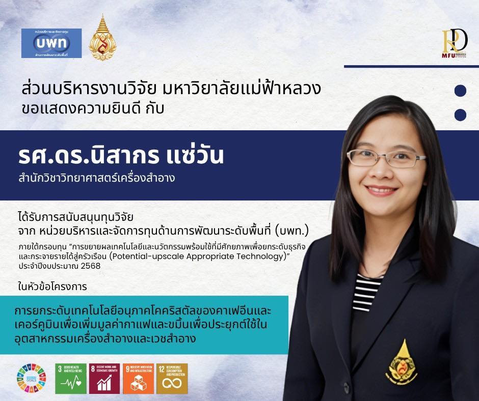  มฟล.แสดงความยินดี รศ.ดร.นิสากร แซ่วัน รับทุน บพท. พัฒนาเทคโนโลยีจากคาเฟอีนและขมิ้น สู่เครื่องสำอางนวัตกรรม
