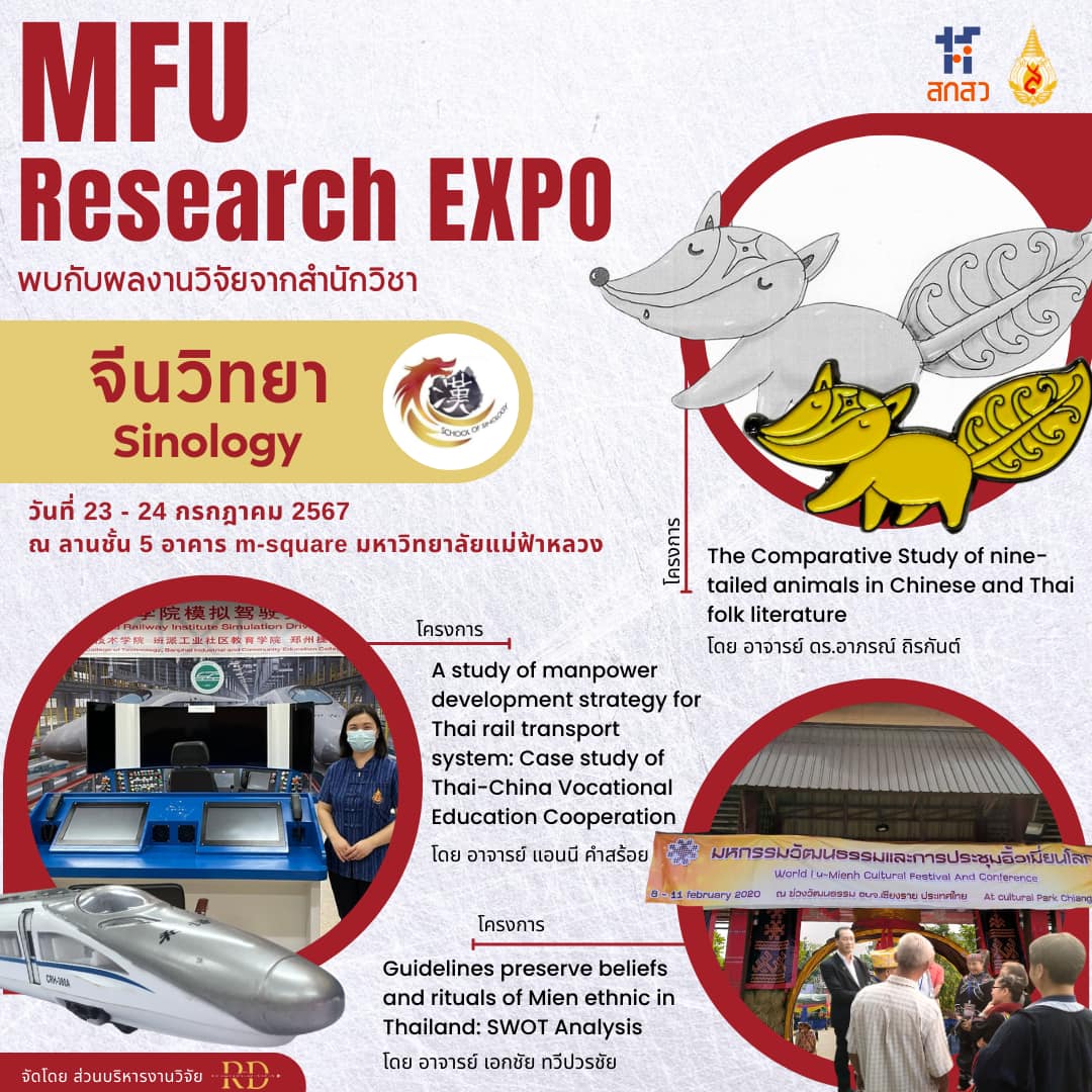 23-24 ก.ค. 67 MFU Research Expo 2024 งานวิจัยและนวัตกรรมของสำนักวิชาจีนวิทยา  มหาวิทยาลัยแม่ฟ้าหลวง กับผลงาน “Thai and Chinese Society and Culture for the Improvement of Well-being” Chapter 5