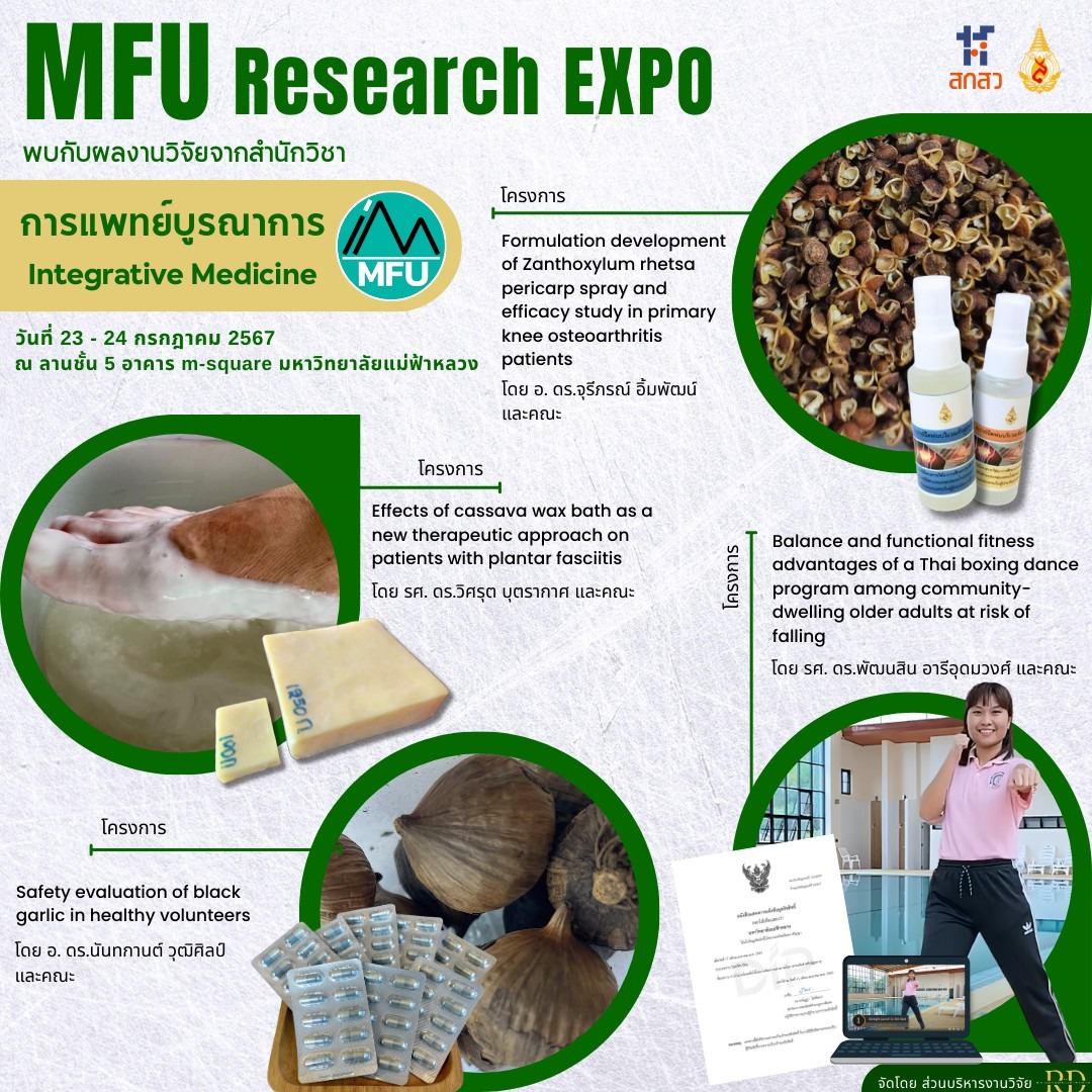 23-24 ก.ค. 67 MFU Research Expo 2024 งานวิจัยและนวัตกรรมของสำนักวิชาการแพทย์บูรณาการ มหาวิทยาลัยแม่ฟ้าหลวง กับผลงาน “วิจัยและนวัตกรรมการแพทย์บูรณาการสู่ชีวิตที่ดี” Chapter 6