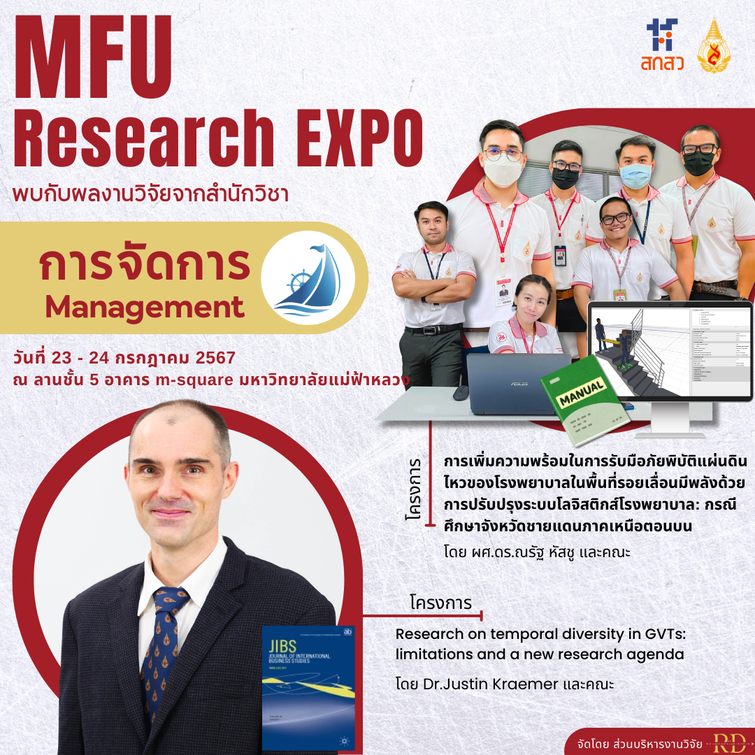 23-24 ก.ค. 67 MFU Research Expo 2024 งานวิจัยและนวัตกรรมของสำนักวิชาการจัดการ มหาวิทยาลัยแม่ฟ้าหลวง กับผลงาน “การจัดการสู่การขับเคลื่อนคุณภาพชีวิตที่ดี” Chapter 13