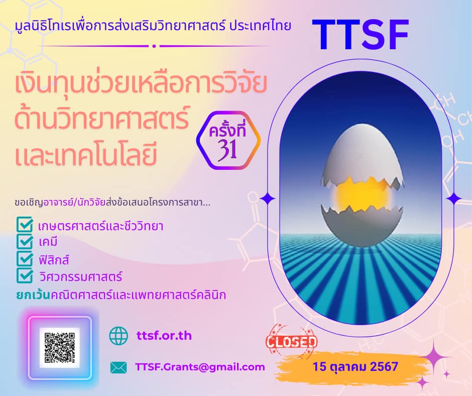 มูลนิธิโทเรเพื่อการส่งเสริมวิทยาศาสตร์ ประเทศไทย (TTSF) ประกาศให้ทุนช่วยเหลือทางด้านวิจัยวิทยาศาสตร์และเทคโนโลยี ครั้งที่ 31 พ.ศ. 2567