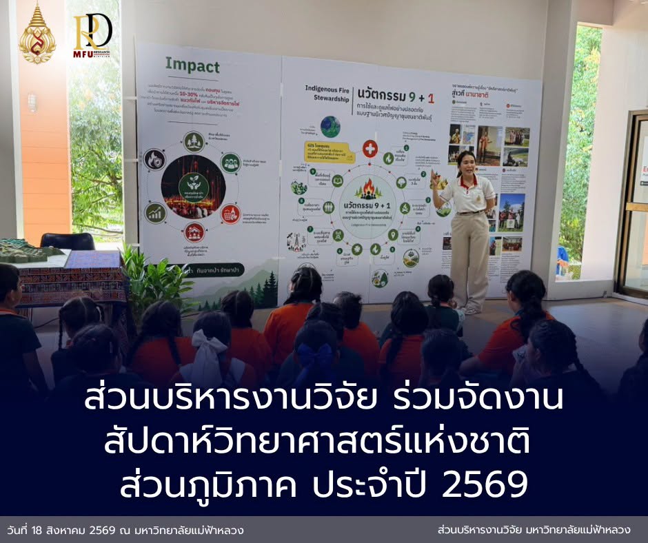 ส่วนบริหารงานวิจัย มฟล. ประเดิม Day 1 ชูผลงานวิจัย “นิเวศปัญญาชุมชนชาติพันธุ์เพื่อสิ่งแวดล้อมที่ยั่งยืน” ในงานสัปดาห์วิทยาศาสตร์แห่งชาติ 2569
