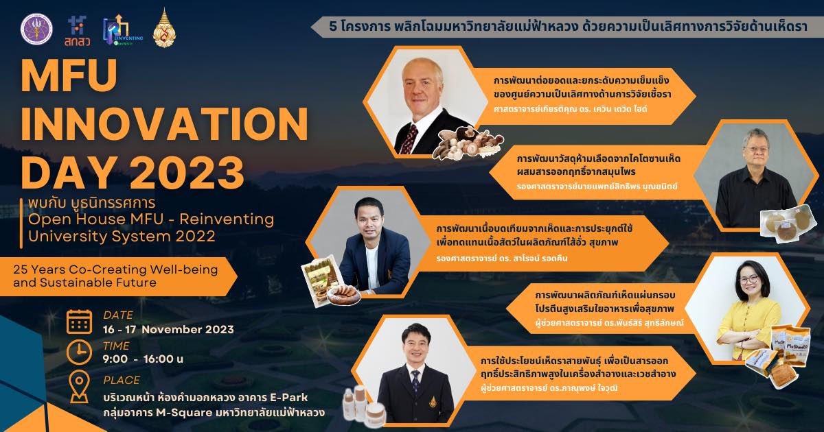 16-17 พฤศจิกายน 2566  นิทรรศการ : Open House MFU-Reinventing University System (MFUInnovationDay2023)